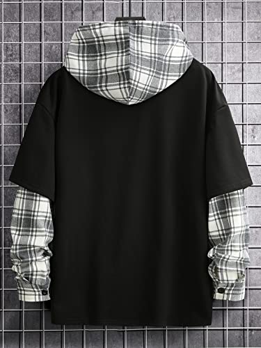 Floerns Men's Plaid Print 2 in 1 Long Sleeve Drop Shoulder Sweatshirt Hoodie2