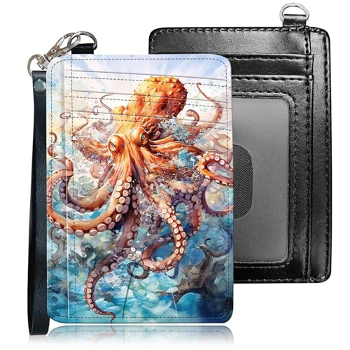 Slim RFID Blocking Card Holder Wallet with Wrist Strap - Minimalist Front Pocket Wallet, Octopus 02 Design, PU Leathe, for Men & Women, Ideal for Travel & Gifts