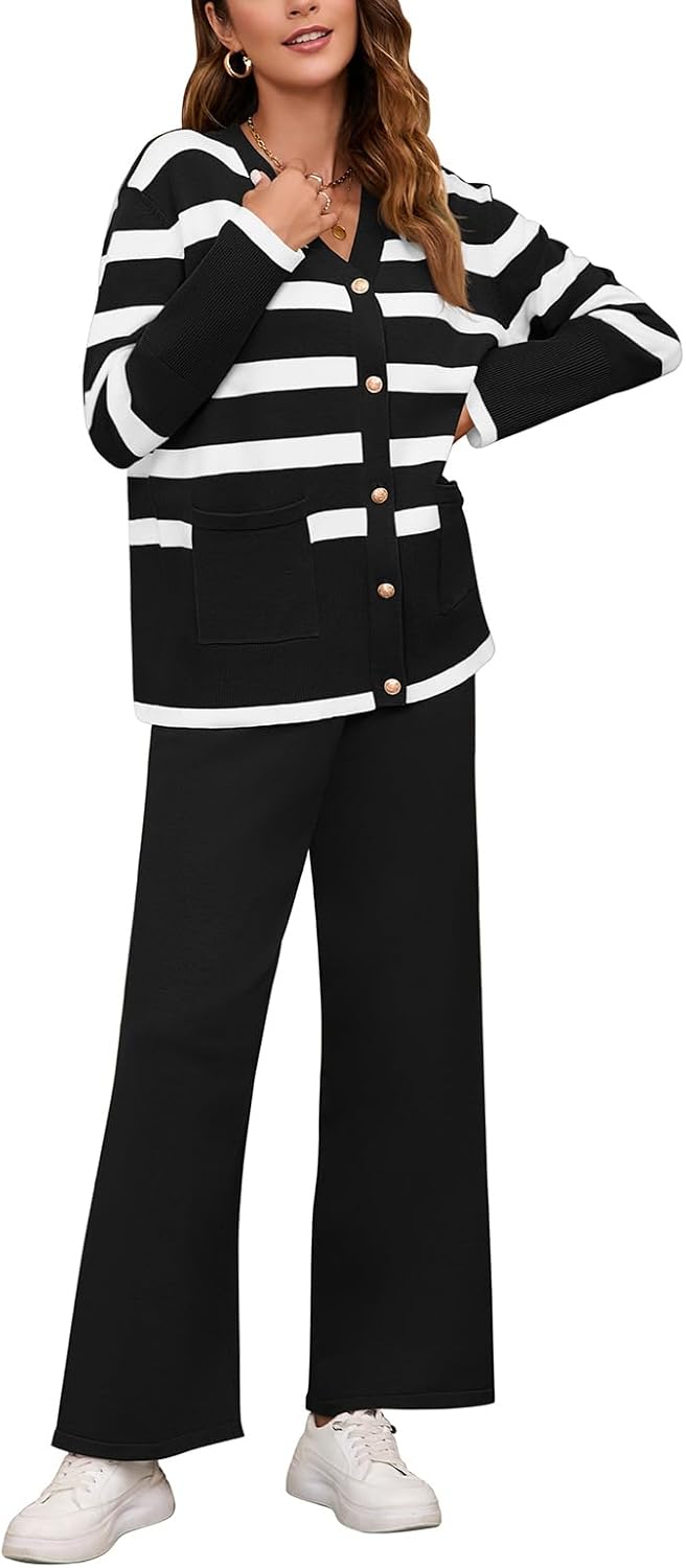Viottiset Women's 2 Piece Outfits Stripe Sweatsuit Set Long Sleeve Button Sweatshirt Wide Leg Sweatpants Lounge Set Black XLarge