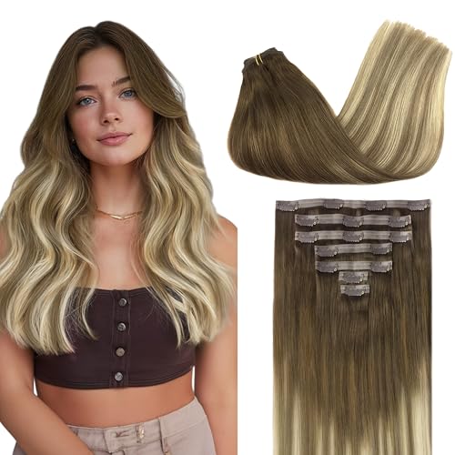 Image of GOO GOO Clip in Hair Extensions Real Human Hair, Remy Human Hair Extensions Clip ins for Women, Natural Human Hair, 16inch 110g 7Pcs, 3 /8 /613 Balayage Walnut Brown to Ash Brown and Bleach Blonde