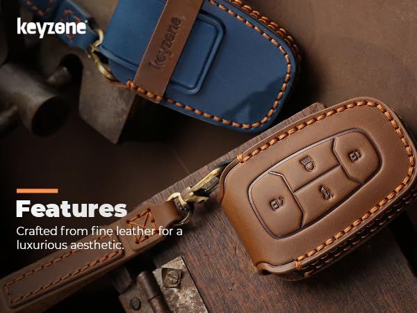 Image of Keyzone Leather Key Cover and Keychain Compatible for Tata Nexon | Harrier | Safari | Punch | Altroz | Tigor 4 Button Smart Key (Blue)