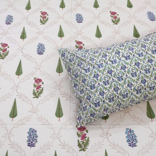 Image of TOAI Hand Block Printed Bedsheet | Bed Spread Flatsheet Bed Sheet | Pure Cotton | Queen Size 90 inchx108 inch | 300 TC Long Staple Cotton | 2 Reversible Pillow Covers |Adil Jaal (Beige Multicolor)
