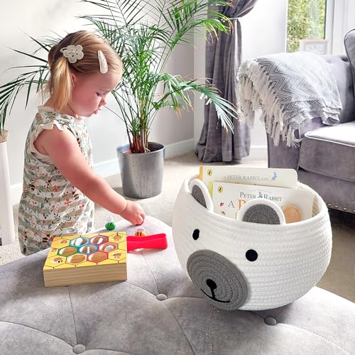 Image of CherryNow Cotton Rope Baby Basket for Nursery, Bear Gift Baskets for Kids, Empty Baby Shower Basket with Handles, Small Cute Animal Baskets, White, 10.5 inchD x 8.5 inchH