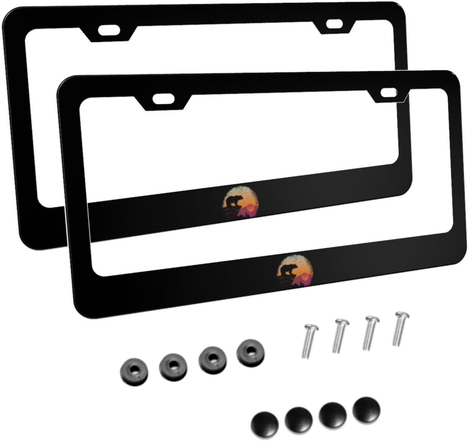 Bear Silhouette Matte Aluminum License Plate Frame with Black Screw Caps，2pcs 2 Holes Black Licenses Plates Frames,Car Licenses Plate Covers Holders for Us Vehicles/Women/Men