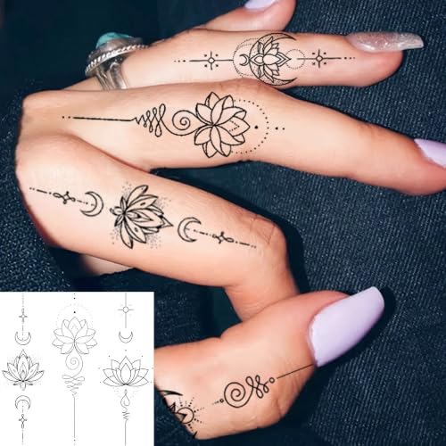 Image of Bilizar 12 Sheets Lotus Crescent Arrow Temporary Tattoos For Women Adults Finger Hand Neck Tattoo Sticker, Realistic Crescent Lotus Chain Pendant Fake Jewelry Tattoos Long Lasting Body Art Temp Tatoos