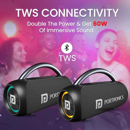Image of Portronics Radiant 30W Wireless Bluetooth Portable Speaker With In-Built Mic,6 Hours Playtime,HD Clarity Sound,Dual Driver,RGB LEDs,TWS Connectivity,BT5.3v,USB Drive,Aux in,Type C Fast Charging(Black)