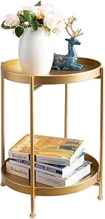 HollyHOME Round Side Table Gold End Table, 2-Tier Metal Tray Snack Table Coffee Table Tea Table Nightstand Sofa Table for Living Room Bedroom Balcony Patio