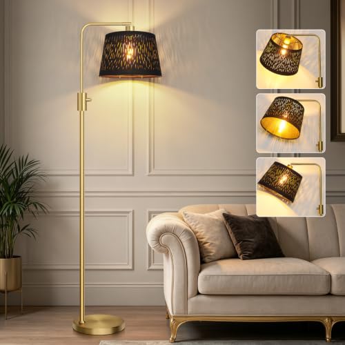 Image of 【Upgraded】 Dimmable Gold Floor Lamp, 1000 Lumens LED Edison Bulb Included, Arc Black Floor Lamps for Living Room Modern Standing Lamp with Black Grid Shade, Tall Lamps for Living Room Bedroom Office