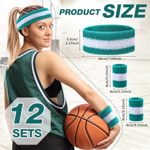 Image of Eurzom 36 Pcs Neon Sports Sweatbands Set Include 12 Striped Sweat Absorbing Headbands 24 Wristbands Athletic for Men Women Basketball Tennis Running Glow Party