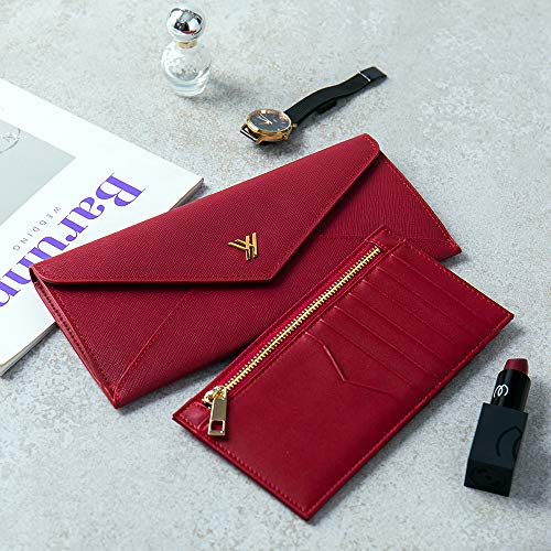 YBONNE Women's Long Wallet RFID Blocking Envelope Purse, Made of Saffiano Leather (PLUS - Wine Red)2