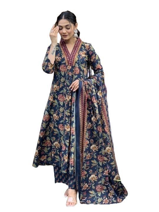 MEERA FABWomen's Cotton Blend Anarkali Printed Kurta with Palazzo & Dupatta