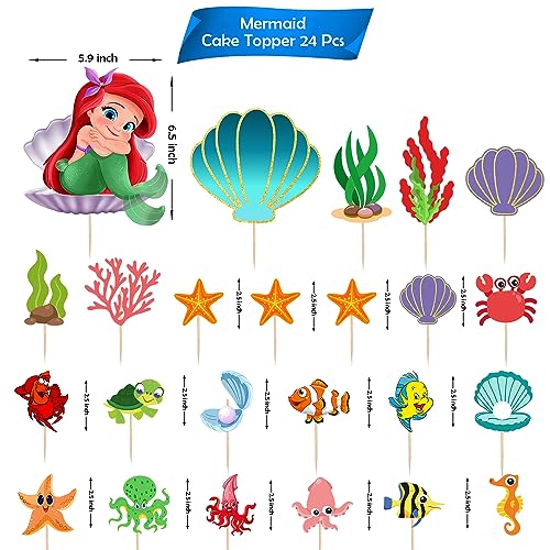 Image of Party Propz Mermaid Cake Topper-Set Of 24Pcs Cake Toppers For Cake Decoration|Happy Birthday Cake Topper|Mermaid Theme Birthday Decorations|Ariel Little Mermaid Cupcake Toppers|Cake Decoration Items