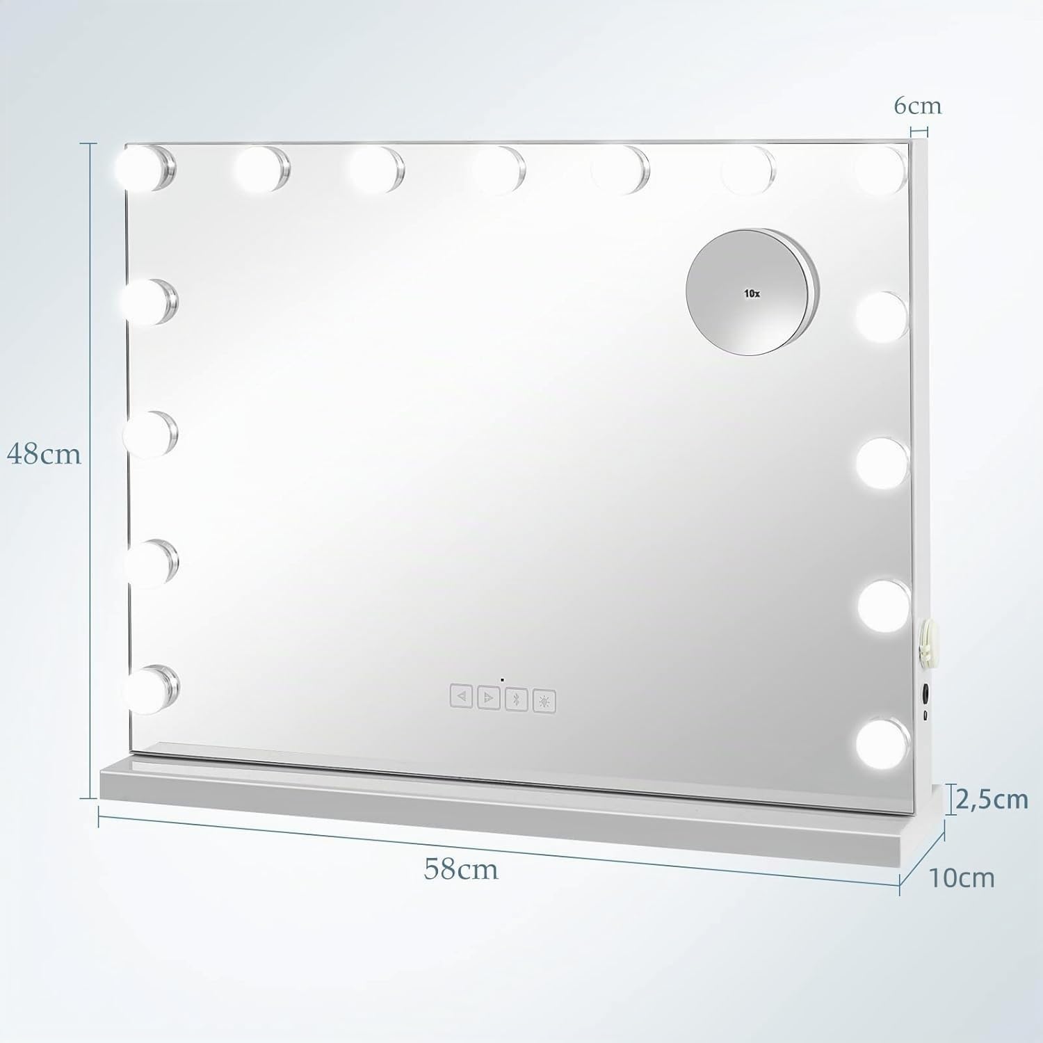 LIFEZEAL Specchio Trucco con Luci, Specchiera Hollywood con 15 Lampadine Led, Specchio da Tavolo e da Toeletta Ingranditore 10X e Smart Touch, 3 Modalità di Luminosità e Musica Bluetooth, 58 x 48 cm