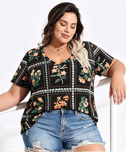 Image of RITERA Women Plus Size Tops Tie Dye V Neck Shirt Floral Camo Summer Short Sleeve Tunic Oversized Ladies Blouse XL-5XL