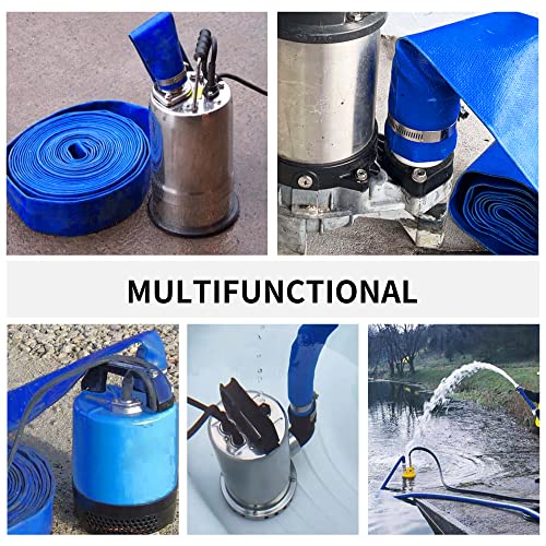 Image of 1-1 /2 inch (Flat 2.6'' width) x 100 FT Pool Backwash Hose Kit with Male NPT | Adapter, Blue Reinforced Pool Drain Discharge Hose for Swimming Pool Filter Pump,with 2 Clamp and Thread Seal Tape