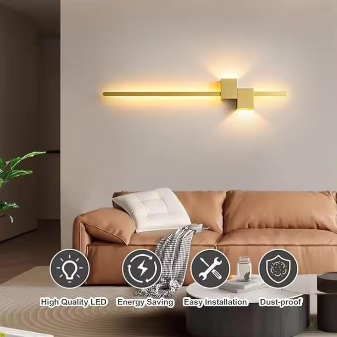 Image of Gold Linear LED Long Tube Wall Light Wall Lights for Bedroom Bedside Living Romm Hallway- 3-in-1 Colours (600mm)