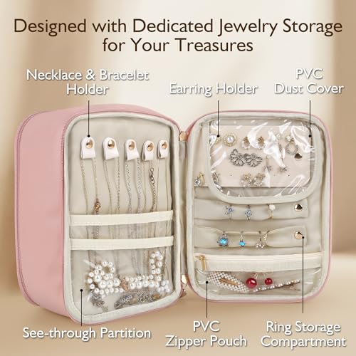 Kendal Large Capacity Travel Makeup Organizer with Jewelry Storage, PU Leather Travel Toiletry Bag with Brush Holders, Zipper Pockets & Clear Divider, Travel-Friendly Vanity Case for Women, Pink4
