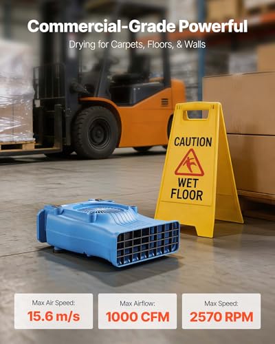 Image of VEVOR Blower Fan, Low Profile Air Mover Carpet Dryer, 1000 CFM, 2 Speeds, Multi-Angle Airflow, Lightweight Portable for Crawlspaces, Attics, Basements, Bathrooms, Water Damage Restoration, Blue