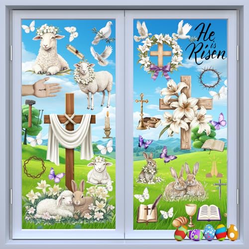 Hianjoo 52 PCS He is Risen Window Clings, 9 Sheets Religious Easter Window Clings with Cross Bunny Rabbit Lamb Lily Flower, Double Sided Easter Window Stickers Decorations for Home Glass Windows Decor