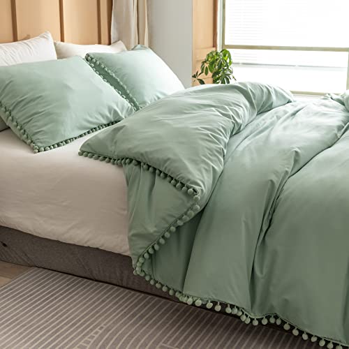 YIRDDEO Queen Comforter Set - Comforter Queen Size Sets with Ball Pom Fringe, Soft Bedding Set for All Seasons - 3 Pieces, 1 Comforter (90"x90") & 2 Pillow Shams (20"x26"), Sage Green