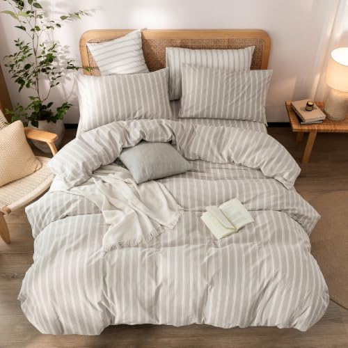 Image of BESTOUCH Striped Cotton Duvet Cover Set Linen Feel Super King | 100% Washed Cotton, Soft Wrinkle Texture, Hidden Zipper, 8 Ties, Breathable Lightweight Durable Comfy, 3 Pcs No Insert