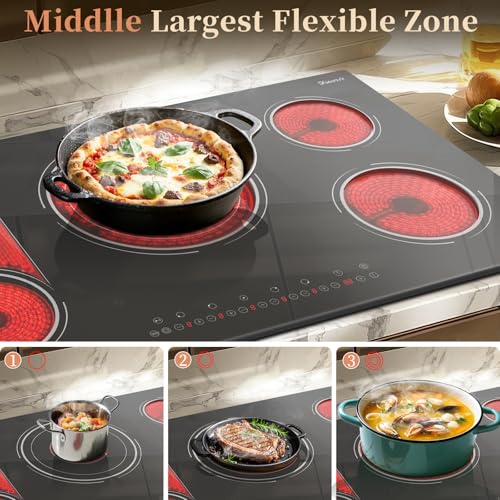 Image of Electric Cooktop 34.25 Inch(Cut-out Size: 34.25 inchx19.3 inch) - 5 Burner Electric Stove Powerful 9600W, 36 Inches Built-in Ceramic Stove with 3900W Flexible Zone, Timer, Lock, 220V Hard Wired