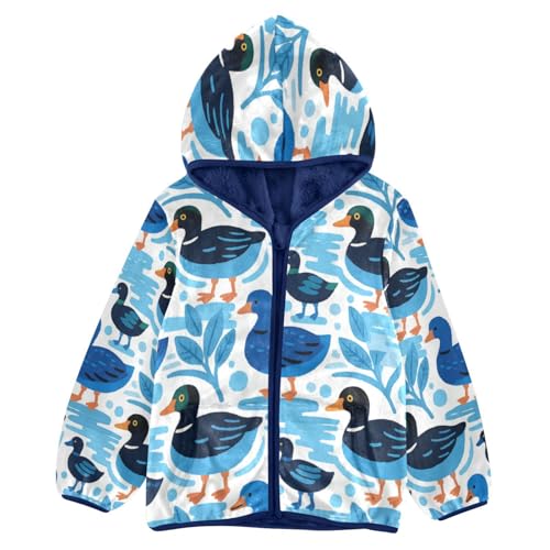 Blue Ducks on White Background Toddler Fleece Jacket Girl Boys Hooded Fleece Jacket Coat Warm Outwear Zip-up 3-10T