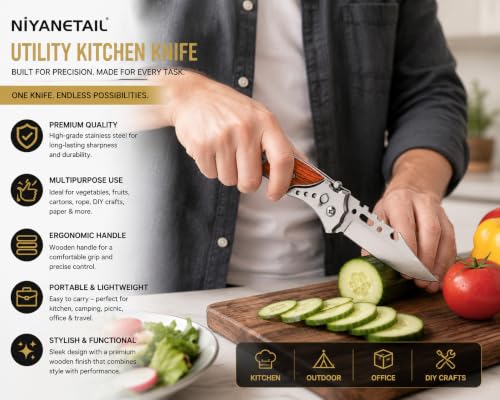 Image of Kitchen Knife Peeler with Wooden Handle | Multipurpose Stainless Steel Cutter for Vegetables, Fruits, Crafts, Carton Opening, Paper Cutting, Packaging, Kitchen & Household Use Multicolour