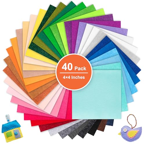 Felt Fabric Sheets for Crafts, 1mm Thick Felt Fabric Squares for DIY Sewing, Patchwork, Quilting, Decorative Projects, 40 PCS – 4″ x 4″ Assorted 40 Colors