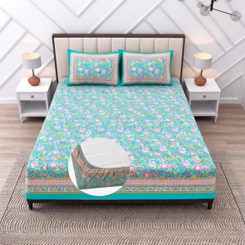 Image of RajasthaniKart Pure Cotton 240 TC Printed Double /King Bed Elastic Fitted Bedsheet with 2 Pillow Covers - All Around Elastic | 72 inchx78 inch, Fits Up to 8 inch Mattress | Green Jaal Jaipuri Print
