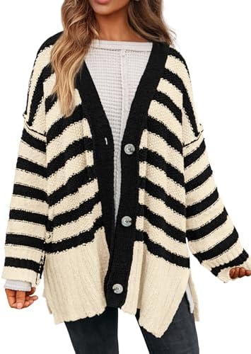 PRETTYGARDEN Women's Winter Striped Cardigan Sweaters Long Sleeve Button Down Open Front Chunky Knit Oversized Sweater Coat