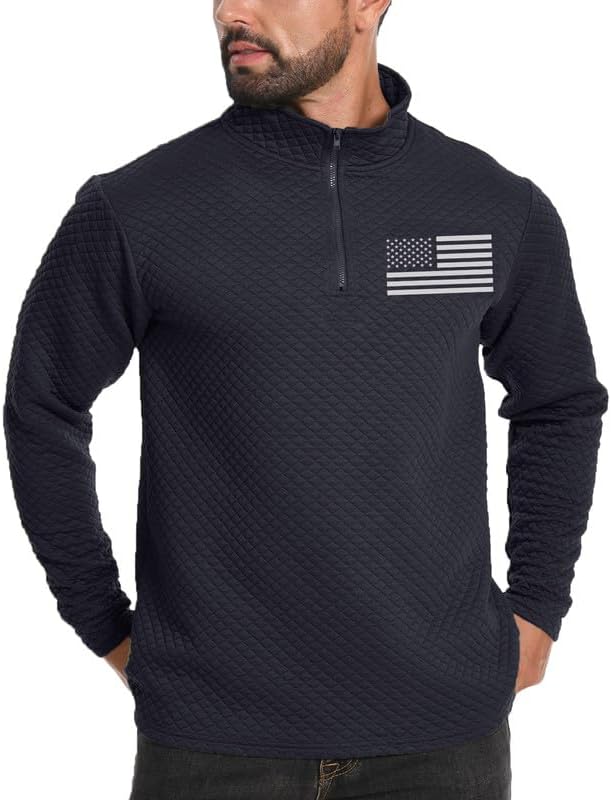 H HYFOL Men's USA Flag Graphic Pullover Waffle 1/4 Zip Stand Collar American Patriotic Sweatshirts - Image 3