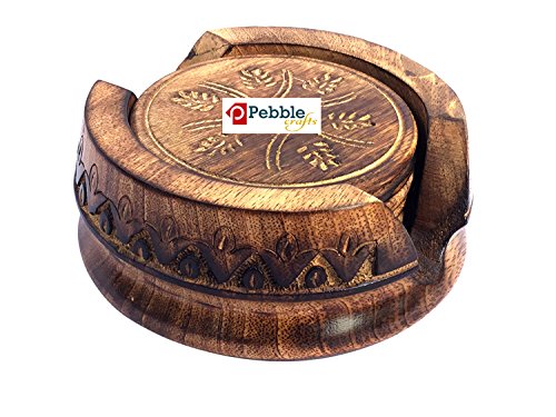 Image of Premium Round Wooden Coasters Set of 6 with Holder | Mango Wood Tea & Coffee Coaster Set for Table Protection & Home Decor | Cup Coaster Set for Dining Table