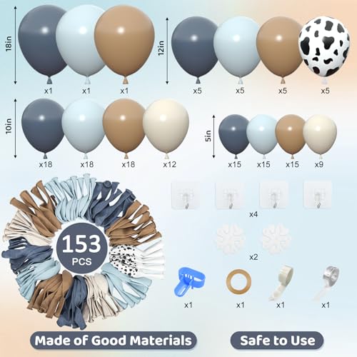 Image of Amandir 153pcs Cowboy Balloon Arch Garland Kit Different Sizes | 18 12 10 5inch Dusty Blue Brown Sand White Cow Print Balloons for Cowboy Shower Rodeo Farm Western Birthday Party Decoration