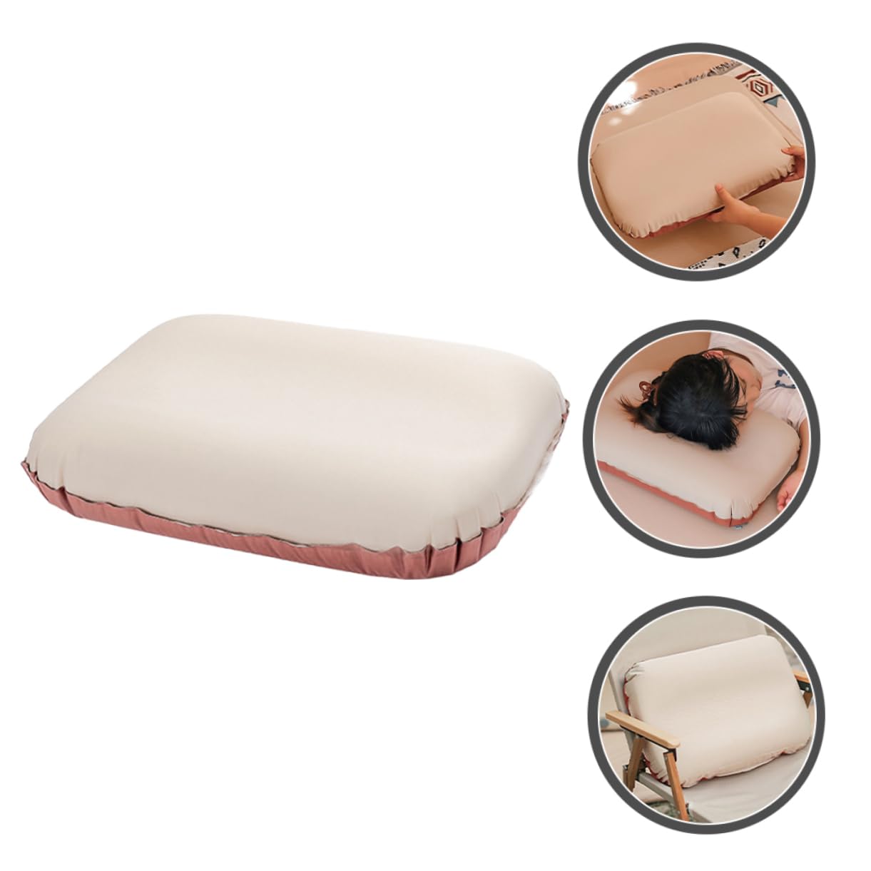 Mikikit Oreiller Gonflable Ergonomique de Voyage, Mousse et Polyester Pongé, Facile à Dégonfler, pour Camping et Maison, Beige