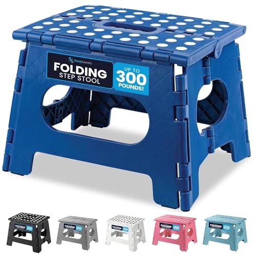 Image of Handy Laundry Folding Step Stool 8 Inch, Blue, Non-Slip Holds 300 lbs | Foldable Collapsible Step Stool, Non-Slip, Holds 300 lbs, Kitchen Bathroom Bedroom, Adults