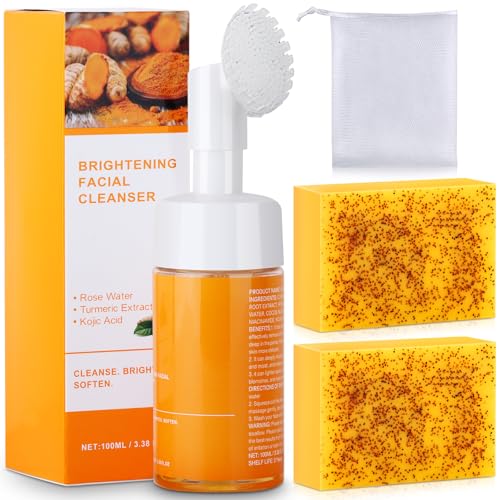 Wuzhenfa Kojic Acid Soap Set, Lemon Turmeric Kojic Acid Soap Bar & Tuemeric Facial Cleansing Mousse, Deep Cleansing for All Skin Types