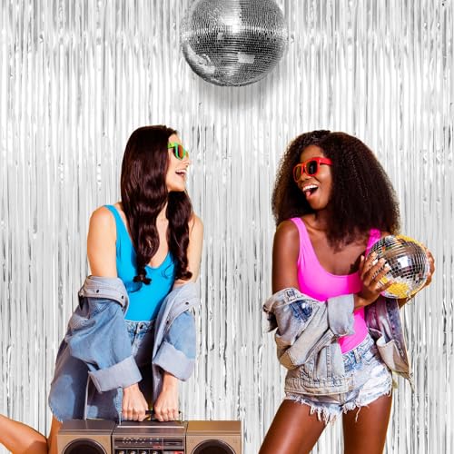 Image of Thicken Silver Streamers 4 Pack 13.2x8.2 FT, Silver Tinsel Backdrop Curtains, Foil Fringe Photo Backdrop for Birthday, Bachelorette, Prom, Engagement, Disco Party Decorations