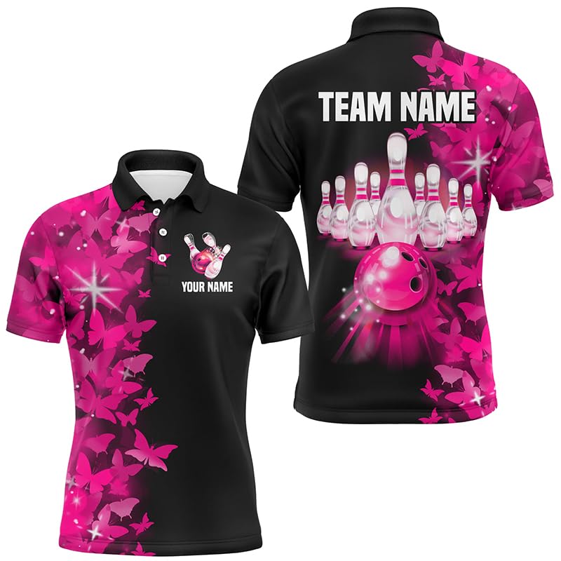 PIONAMZIOZ Butterflies Bowling Shirts for Men Women Custom Bowling Team Jersey Polo & Quarter-Zip Bowling Shirts Multi-Color (US, Alpha, Small, 5X-Large, Regular, Regular, Pink)