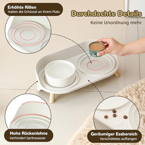 Hundenapf Set Erhöht Hunde Napfset - Doppel Fressnapf Hund Keramik mit Spritzschutz Ständer - Hundenäpfe 2er Set für Futter und Wasser - Futterstation für Kleine Hunde und Katzen - 2 x 300 ml - Weiß