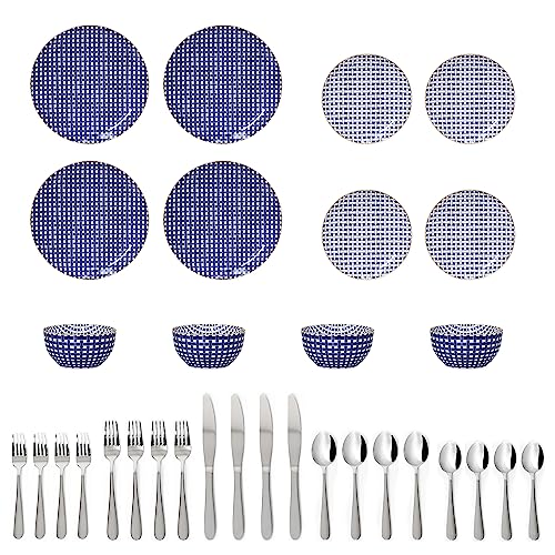 32 pcs Kitchen Dinnerware Set, Service for 4, Dinner Salad Plates Bowls and Stainless Steel Cutlery Set, Decorated Blue Gold, Microwave Dishwasher Safe, Chip Resistant, porcelain stoneware