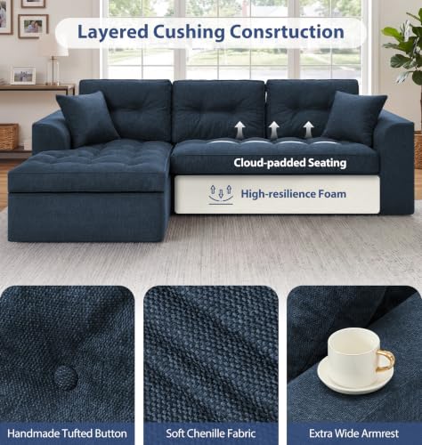Image of Hobestluk Couch Sofa for Bedroom, Living Room, Office (Blue-L, Large) | Left Facing Chaise, Blue, Removable Cover, Button Tufted, Non-slip Bottom Design, No assembly Required, L Shaped Couch