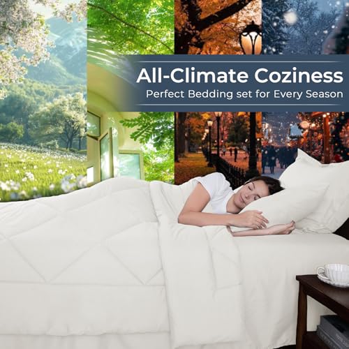 HEVUMYI Ivory Queen Comforter Set - 7-Piece All Season Bed in a Bag Queen, Ultra Soft Bedding Set with Comforter, Flat Sheet, Fitted Sheet, Pillowcases, Pillow Shams