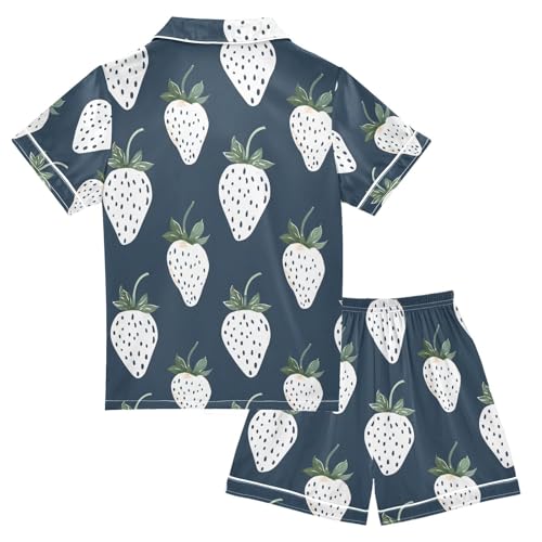 ALAZA White Strawberry Navy Blue Pajamas Satin Pajama Set Short Sleeve Button Down Sleepwear2
