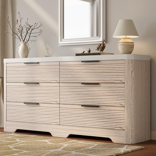 Image of FUSUNBAO Fluted 6 Drawer Dresser, Modern Wood Dresser for Bedroom,TV Stand,Thickened Curved Profile Design,Bedroom,Entryway,Wood Drawer Organizer(Natural Oak)