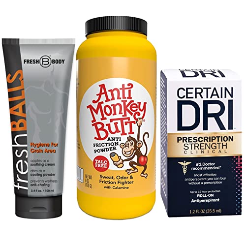 Fresh Body FB No Sweat Body Bundle: Fresh Balls, Anti Monkey Butt, and Certain Dri 1.2oz Roll On Male Deodorant Body Hygiene Kit