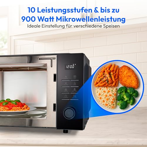 MEDION Mikrowelle mit Grill und Heißluft, Airfryer & Heißluftfritteuse, 25 Liter, 900 W Mikrowellenleistung, Backofenfunktion, inkl. Air fryer Zubehör - Grillrack & Backteller - MD12231 dunkel grau
