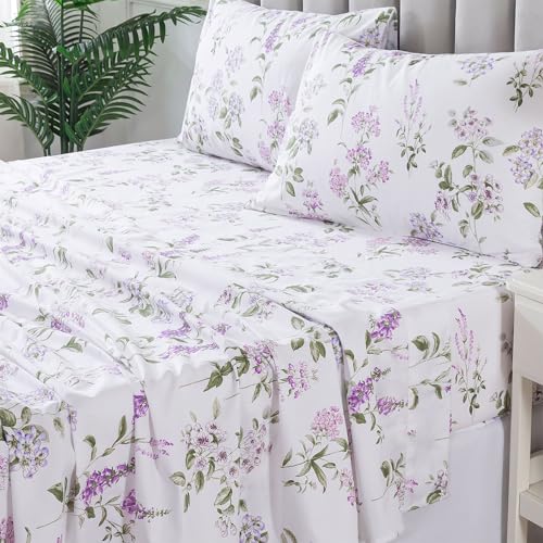 GIGBEI Cotton sheets, purple white, botanical pattern, lilac lavender leaves, soft crisp breathable, luxury deep pocket, queen bedding, adjustable, lightweight, durable, set, 100