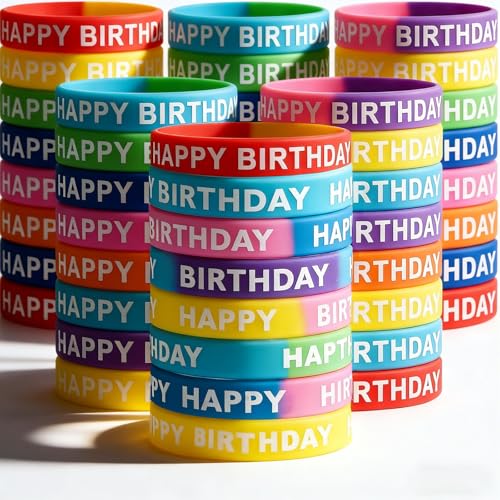 LovesTown 24 PCS Happy Birthday Rubber Bracelets Silicone Stretch Wristbands for Kids Birthday Classroom Prizes Fun Goodie Bag Stuffers Party Supplies