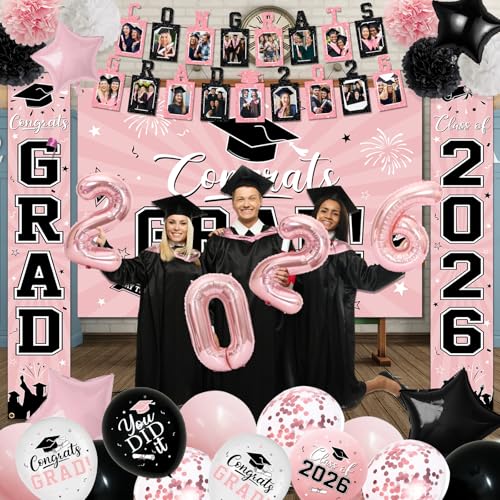 Image of 2026 Graduation Decorations, Pink Themed Class of 2026 Decorations Set, Congrats Grad Backdrop, Photo Banner, Door Banner, Balloons and Pom Poms Supplies for High School College Graduation Party
